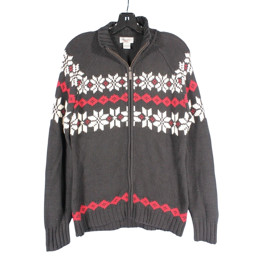 EDDIE BAUER Black/Red/White FAIR ISLE Midweight ZIP-UP Knit Sweater Cardigan M